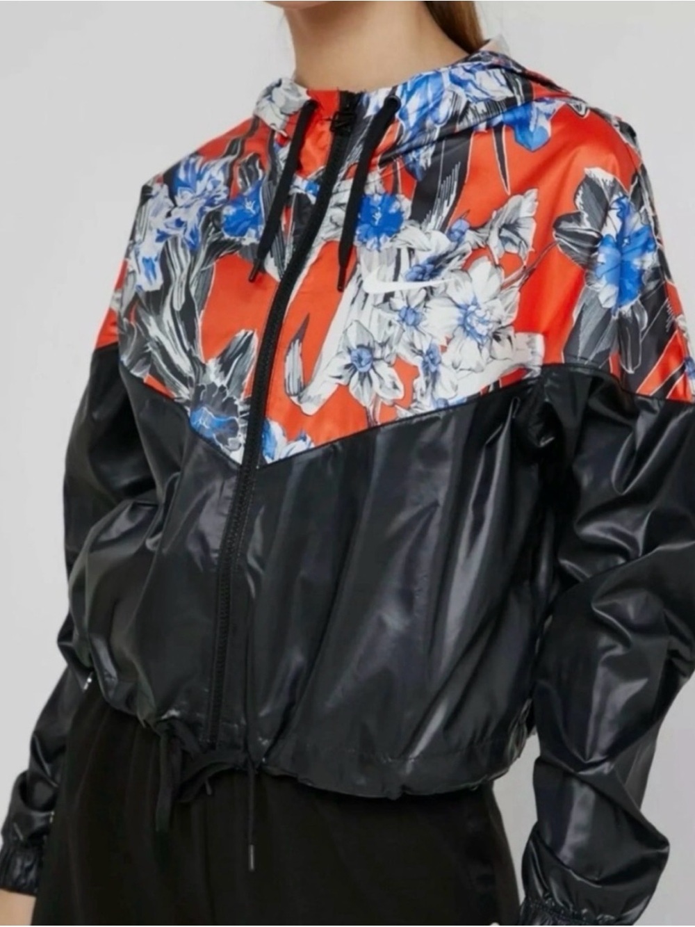 Nike Floral Colorblock Hooded Windbreaker - Black & Red with Blue Floral